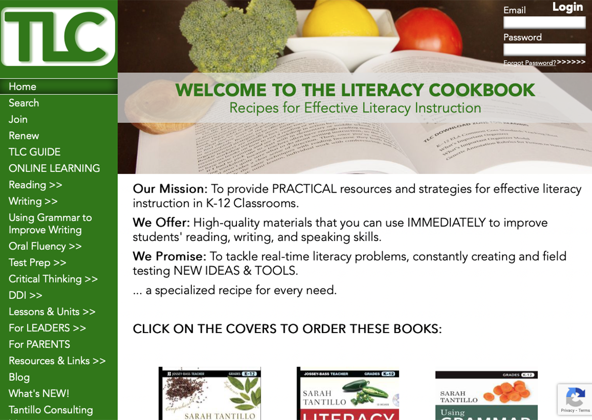 The Literacy Cookbook Website Home page image